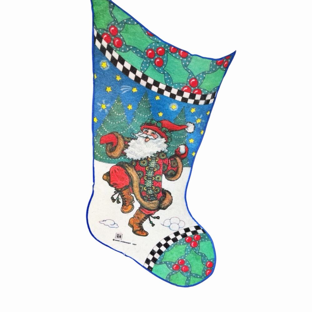 Vintage Mary Engelbreit Felt Santa Claus Christmas Stocking 80s 16 Inch